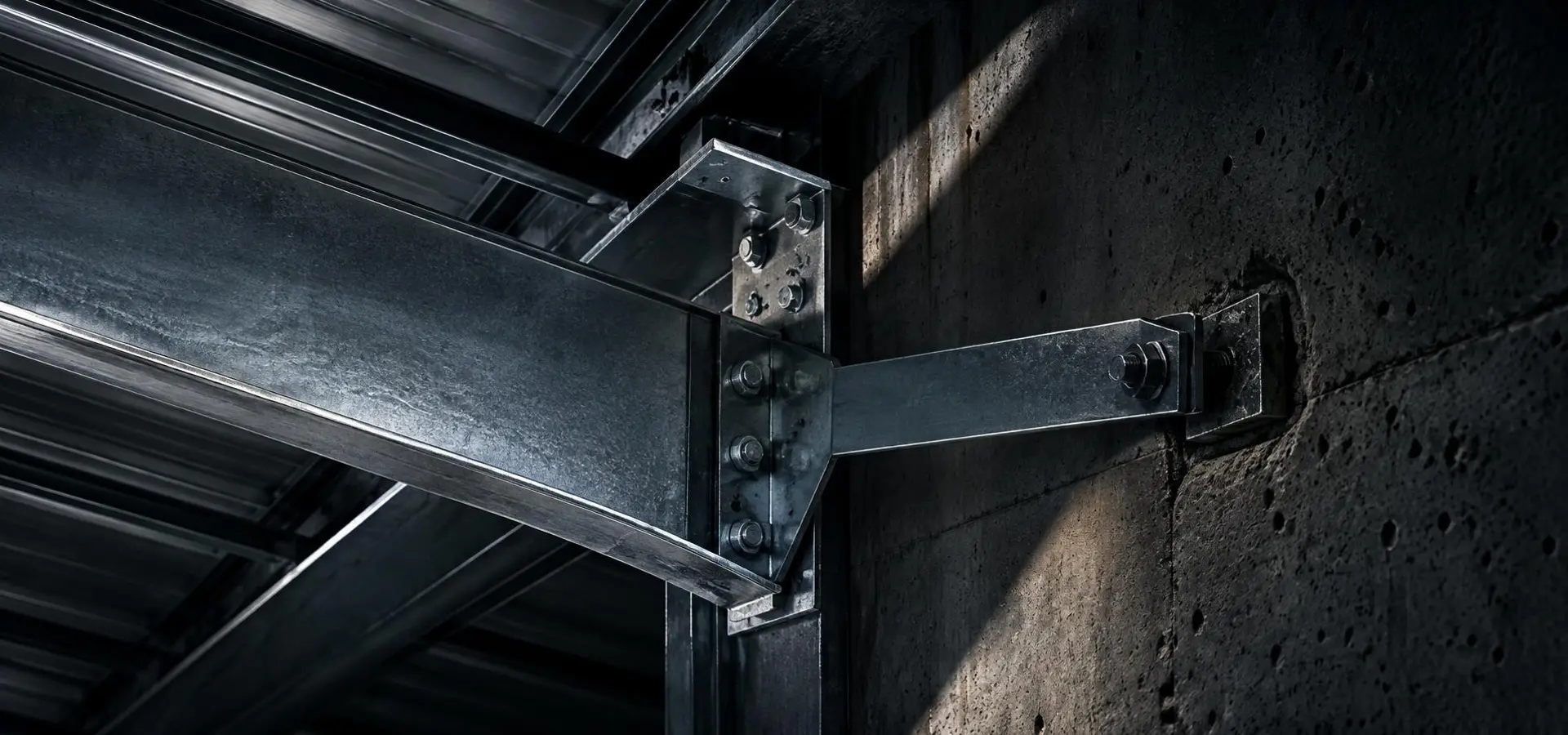Engineered steel connection between roof framing and a concrete wall