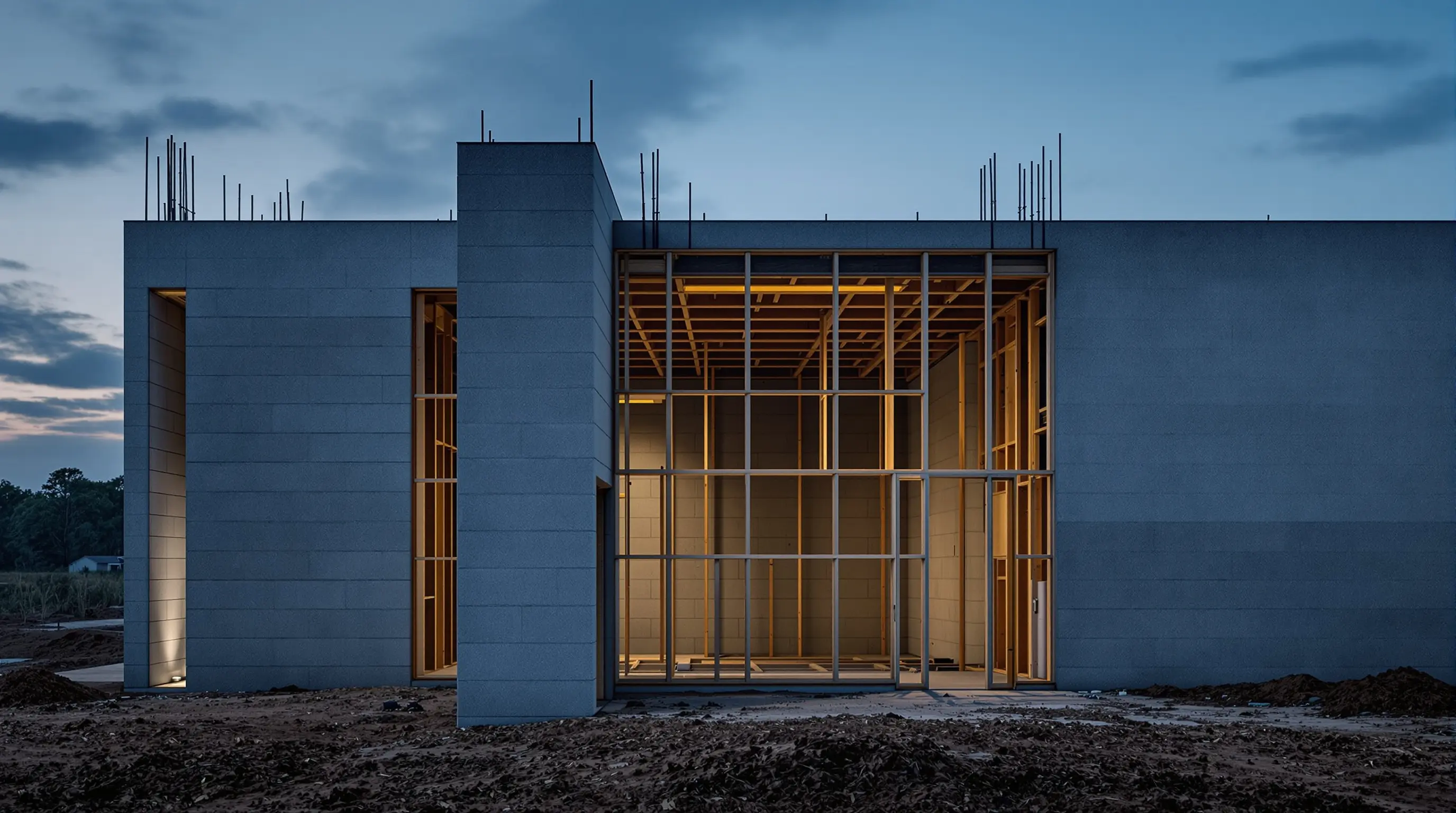 Construction site with three wall sections