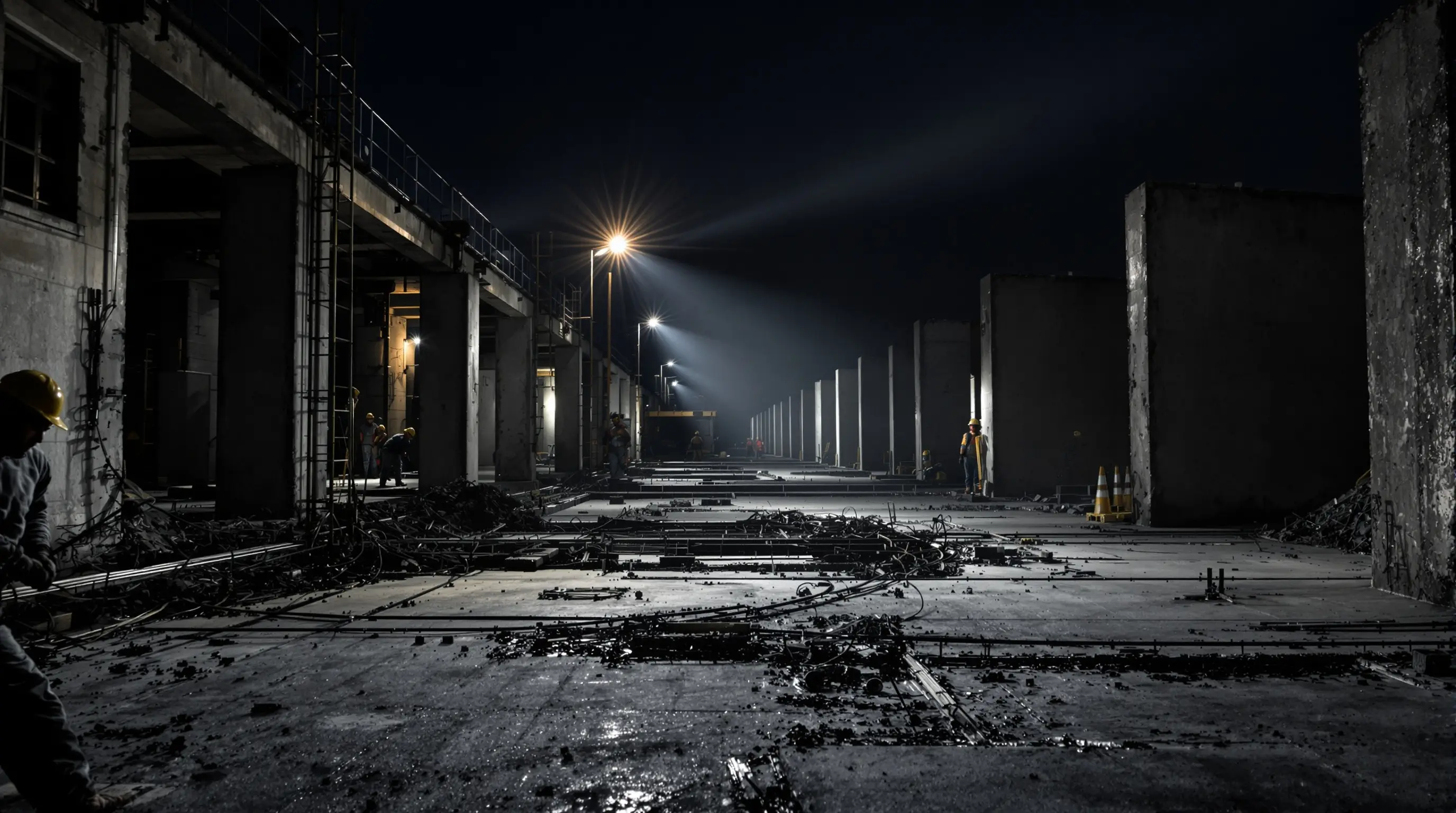 Concrete foundation construction at night with dramatic lighting