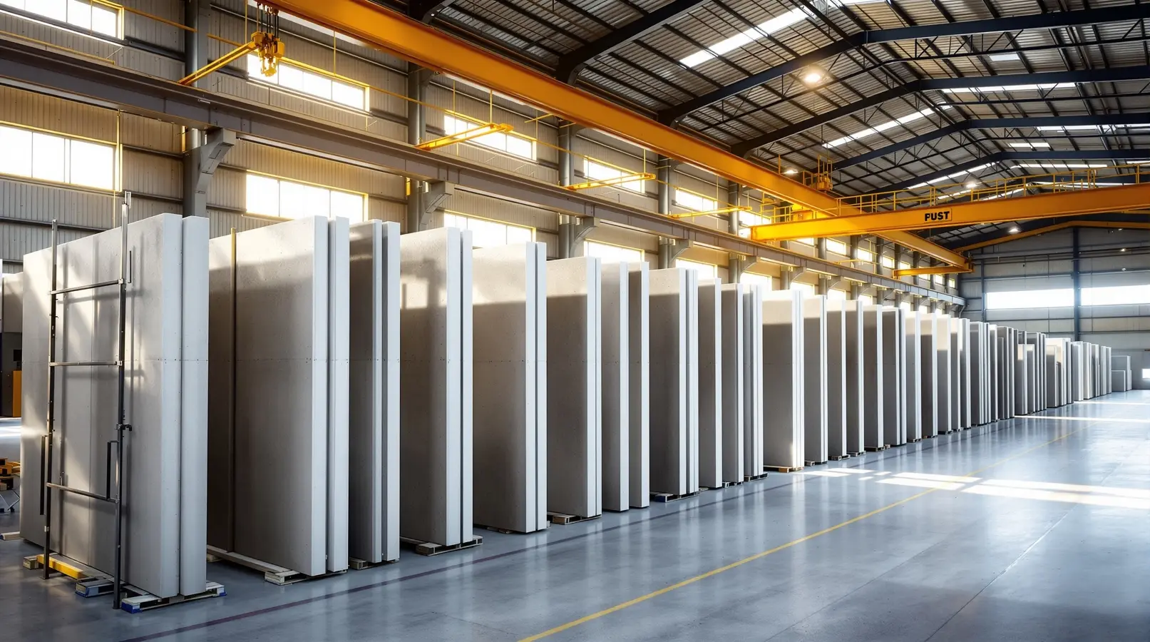 Finished concrete building components on storage racks in a factory
