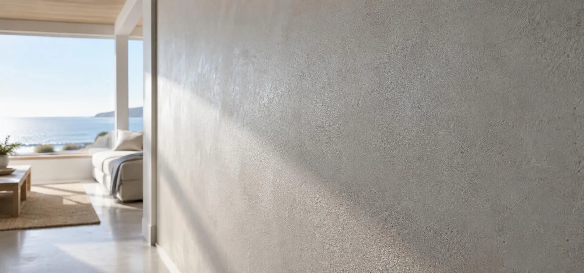 Freshly coated concrete wall in a bright coastal home