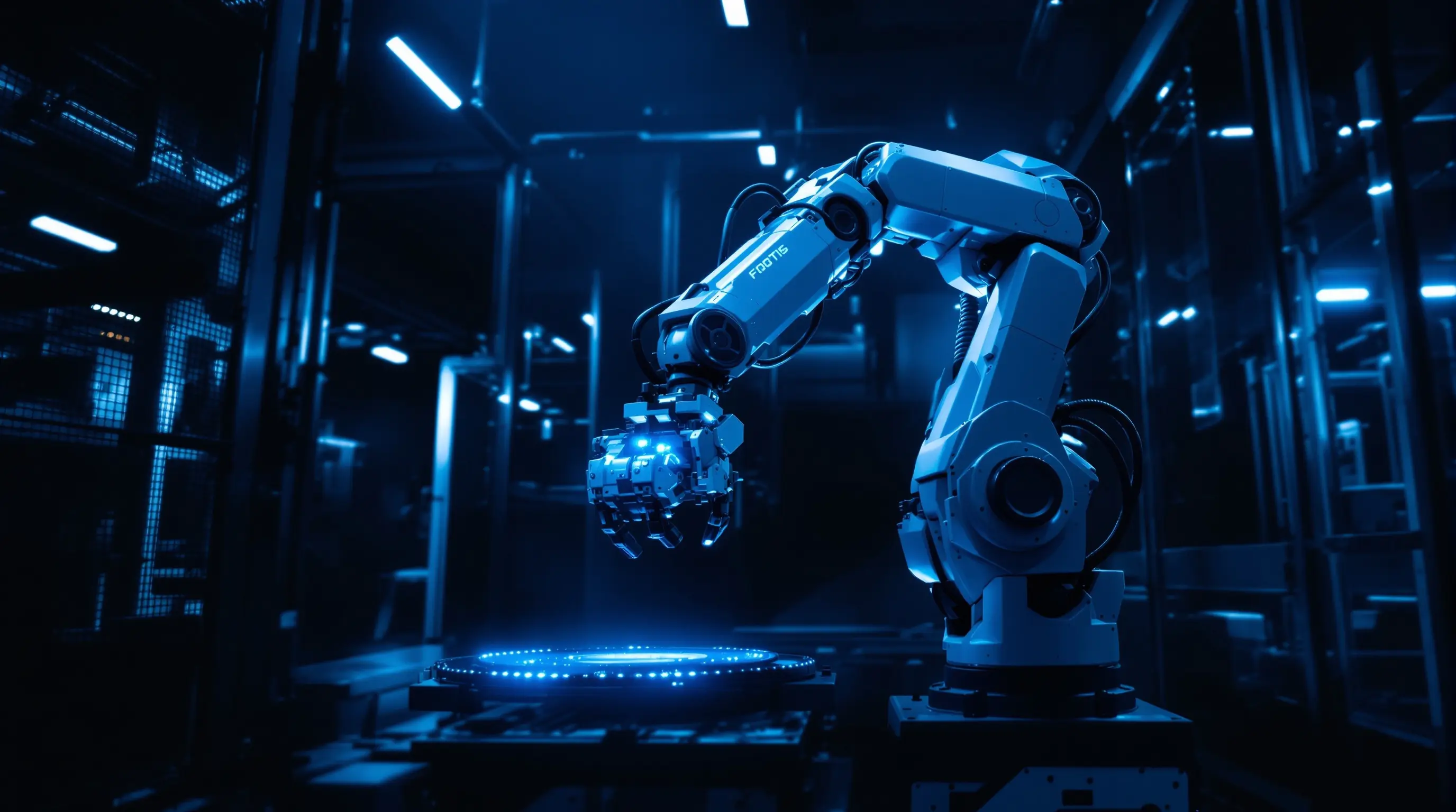 Industrial robotic arm in motion representing automated construction