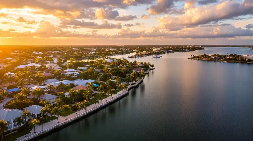 Aerial view of Caloosahatchee River and Fort Myers waterfront