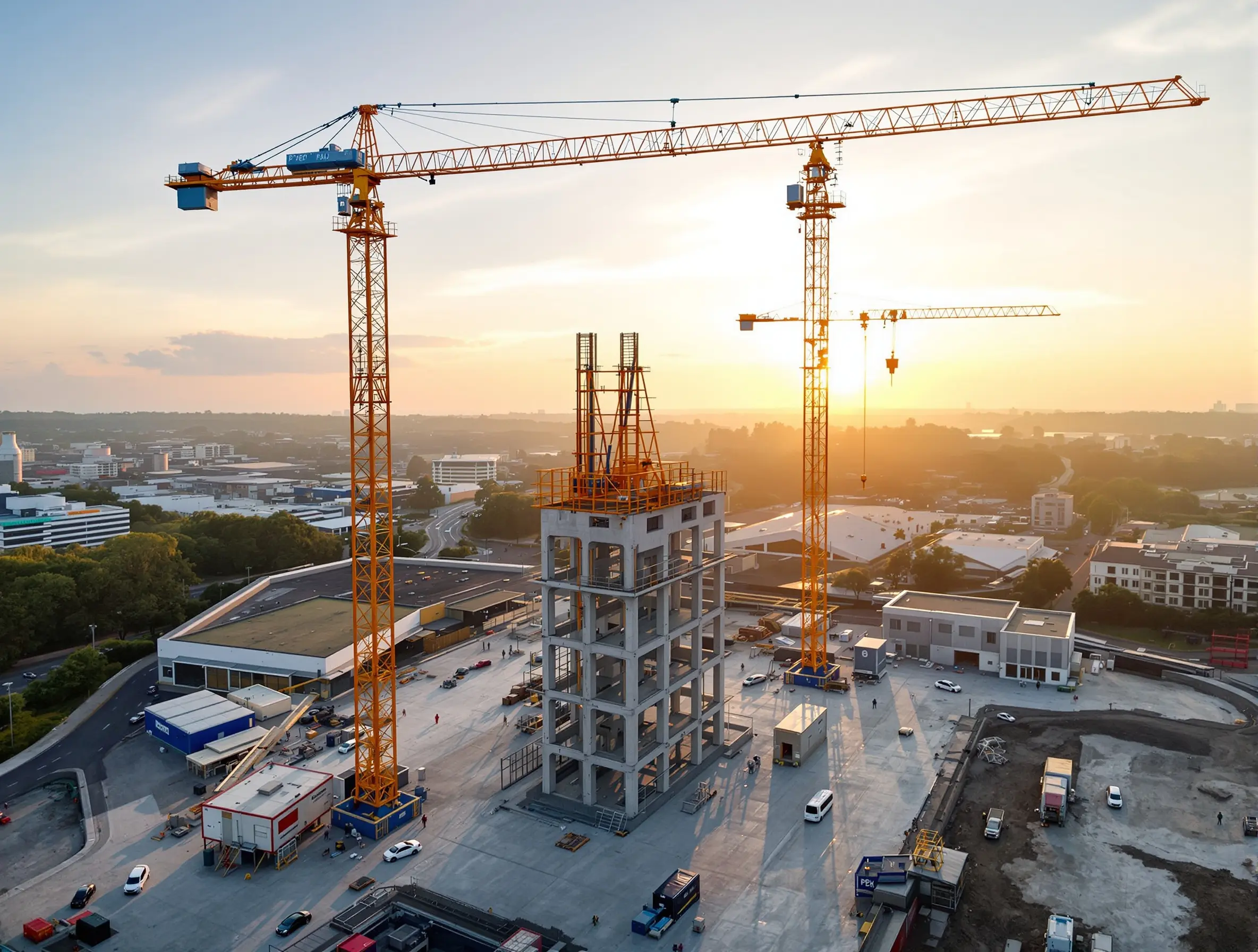 Aerial view of 3D concrete printing gantry on construction site