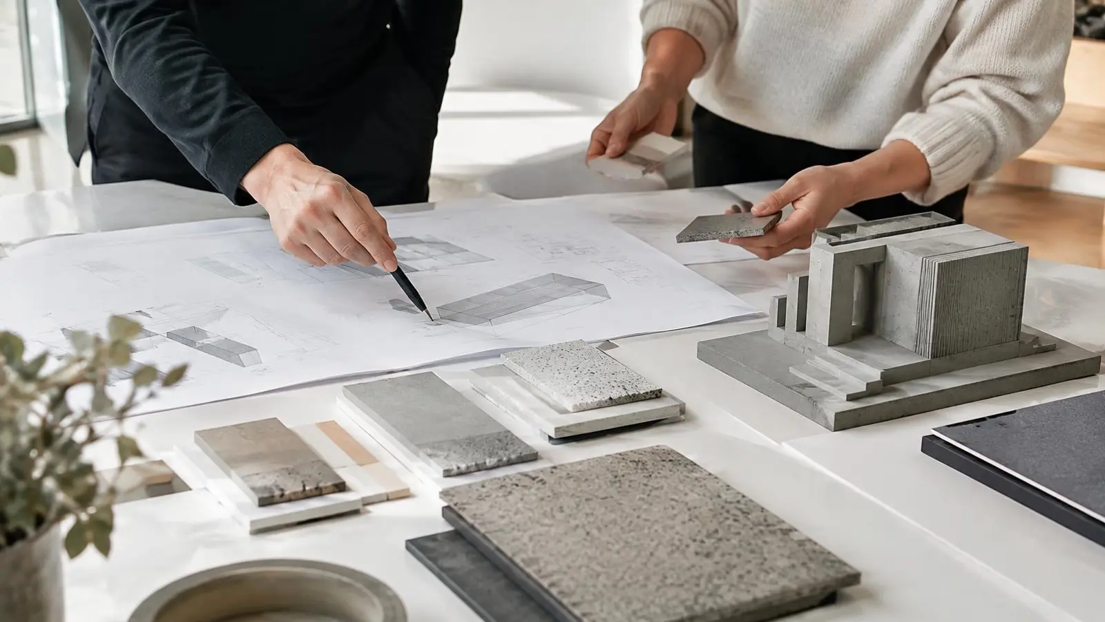 Designers reviewing a custom concrete product design