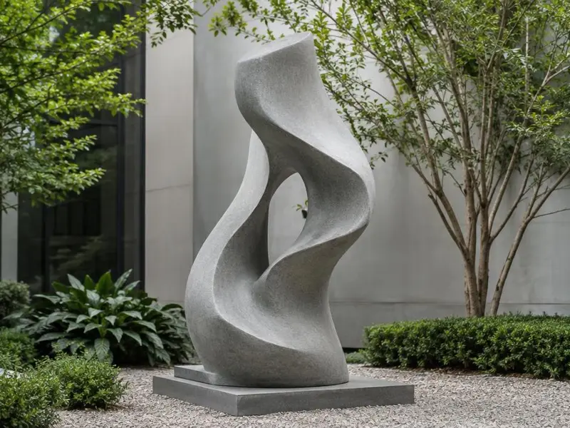 Custom sculptural concrete piece in a courtyard