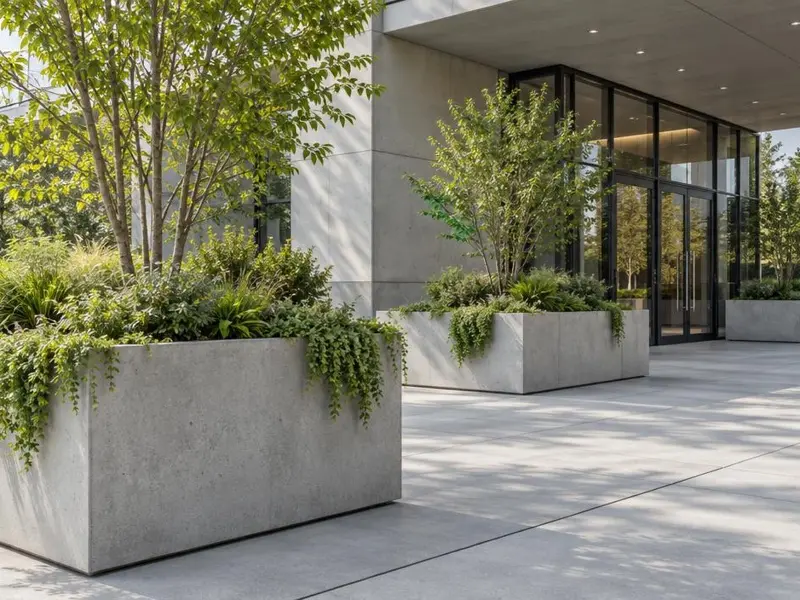 Custom printed concrete planters at a building entry