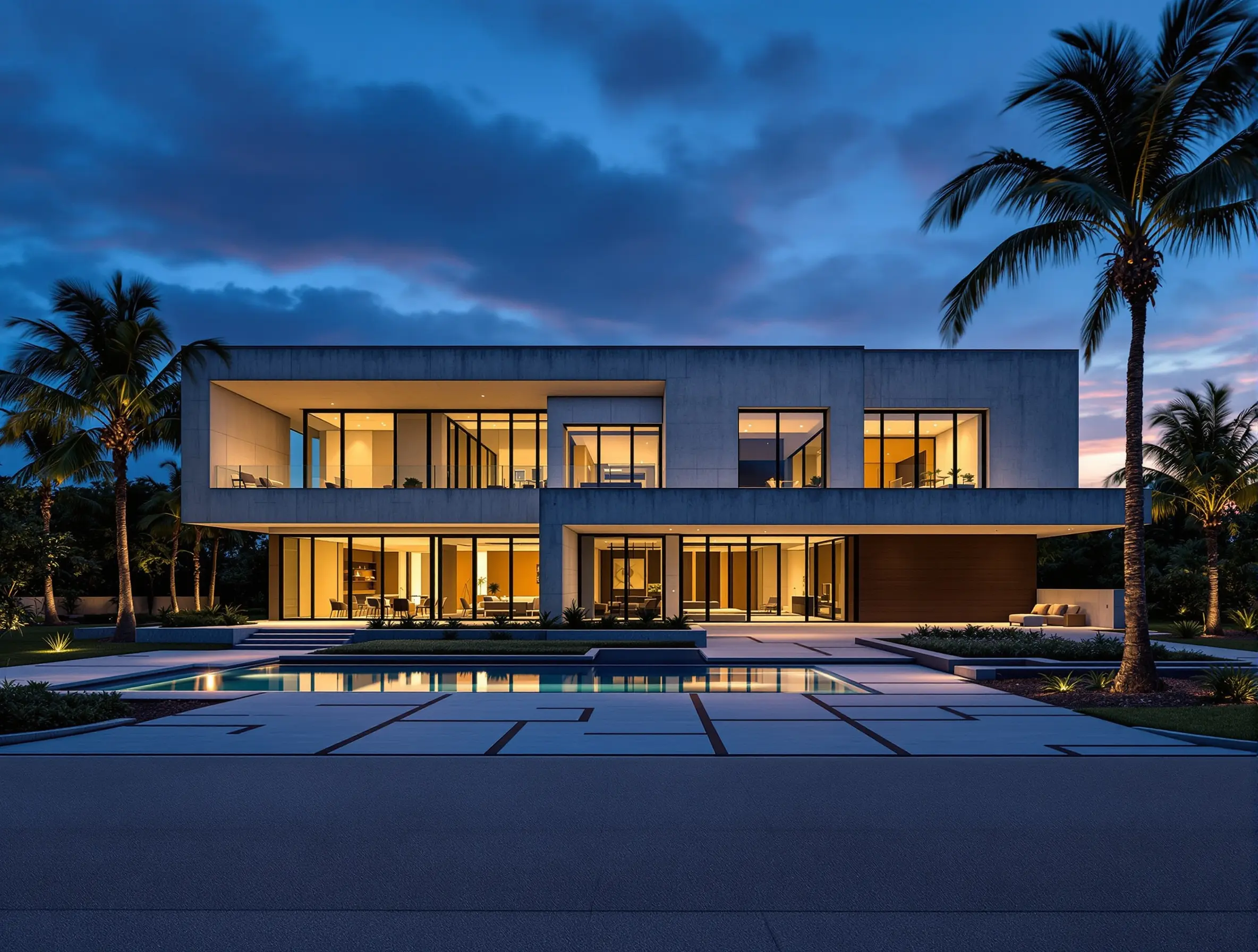 Exterior of modern monolithic concrete home at twilight