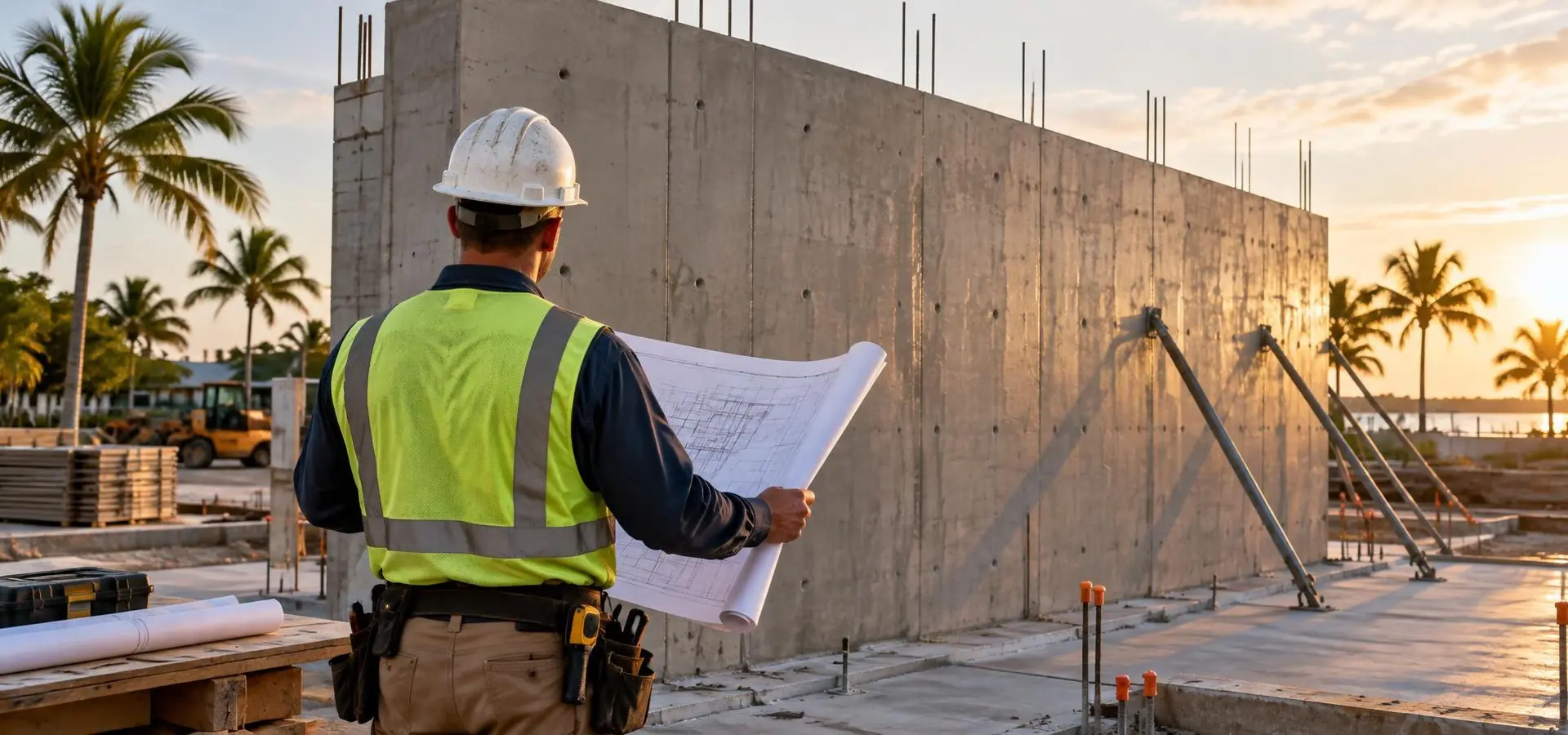 A builder reviewing plans in front of a printed concrete wall